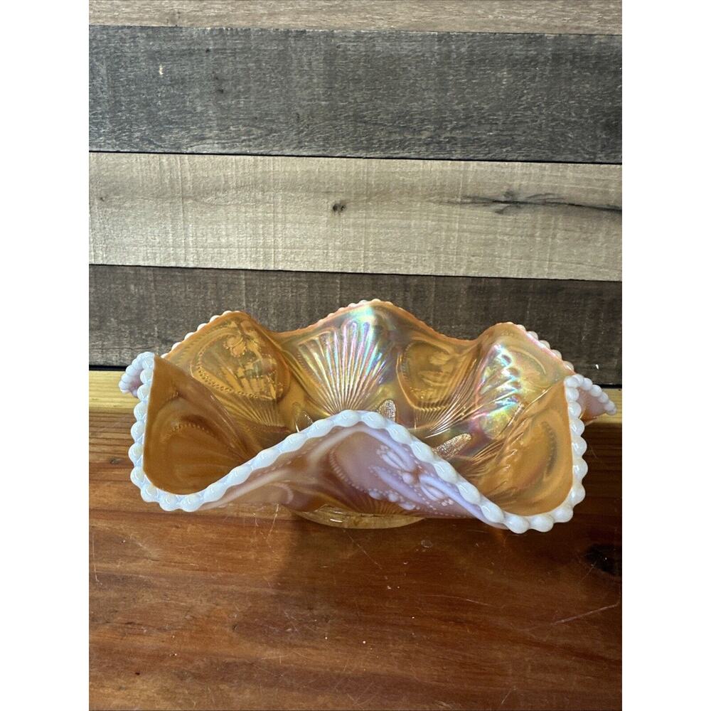 Dugan Victor Petal & Fan Pattern Beaded Ruffled Edge Orange Opalescent Bowl